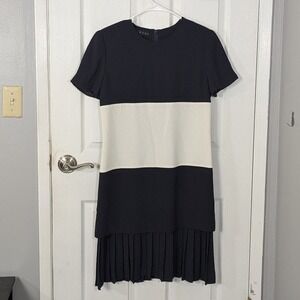 Vintage 90s Colorblock Marianna Blue Cream Pleated Drop Waist Shift Dress Size 8